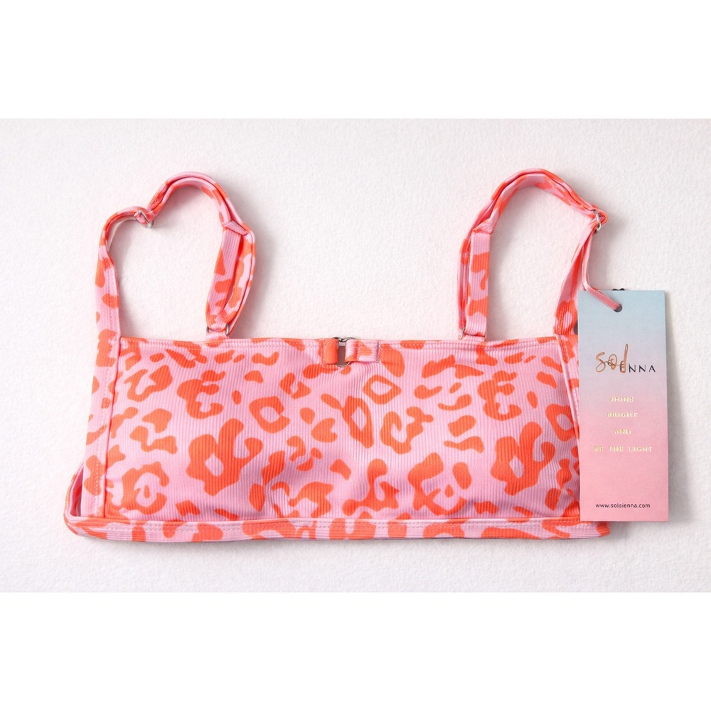 Sol Sienna Pink Orange Leopard Ribbed Bikini Top Large NWT Animal Print Swimwear
